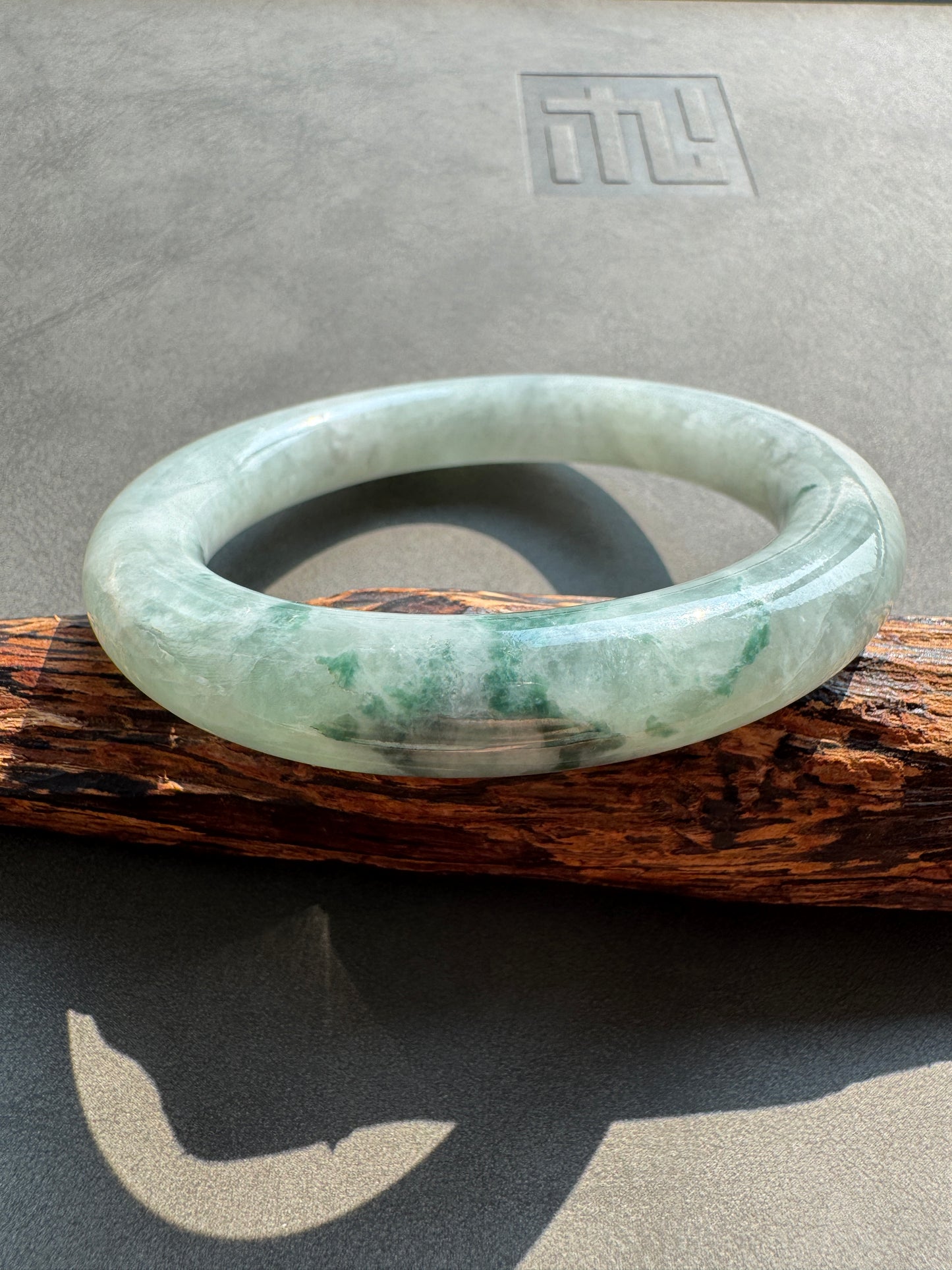 #0403 Icy Bluish Green Flower Jade Bangle Size 56.1 (fits up to 57.1)
