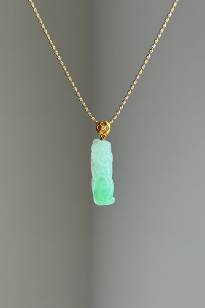 #P0550 "Pixiu" Icy Vivid Sun Green Jadeite Jade 18K Yellow Gold Pendant