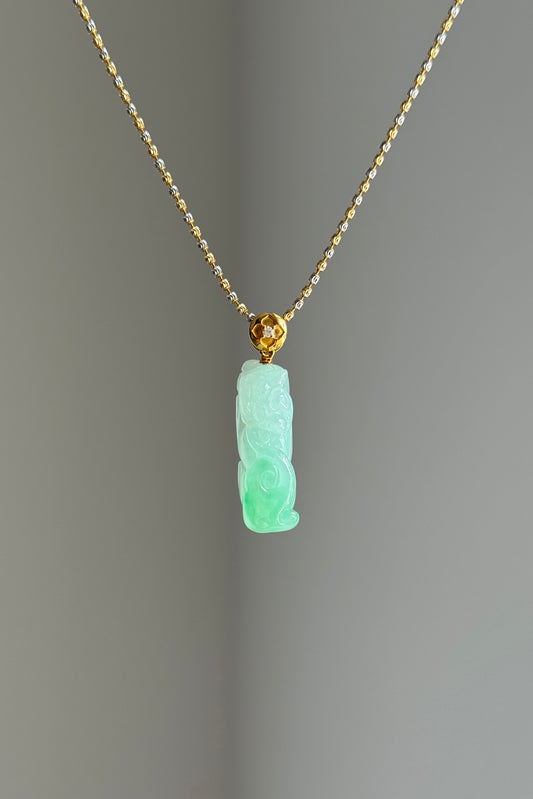 #P0550 "Pixiu" Icy Vivid Sun Green Jadeite Jade 18K Yellow Gold Pendant