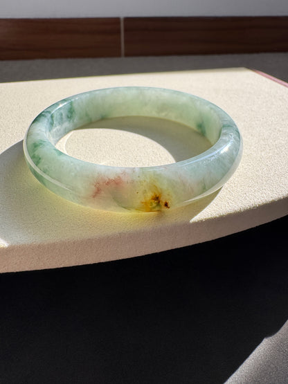 #0311 Green Yellow Flower Jade Bangle Size 55.6