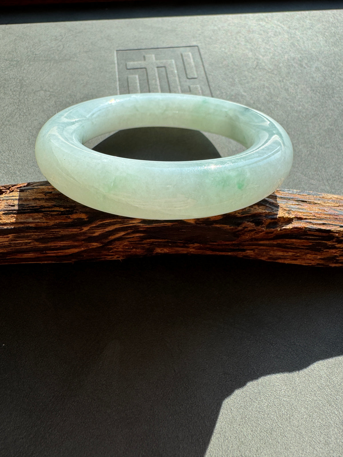 #0429 Icy Light Green Flower Round Jade Bangle Size 50.6 (fits up to 52)