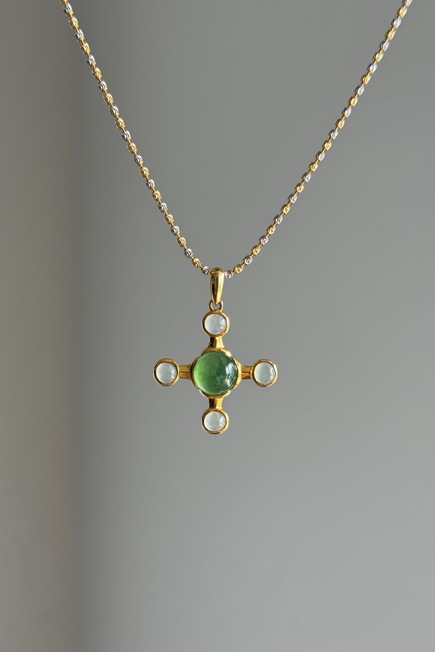#P0551 "Blossom Cross" Highly Icy Sun Green & White Cabochon Jadeite Jade 18K Yellow Gold Pendant