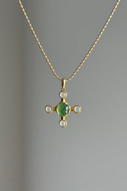 #P0551 "Blossom Cross" Highly Icy Sun Green & White Cabochon Jadeite Jade 18K Yellow Gold Pendant