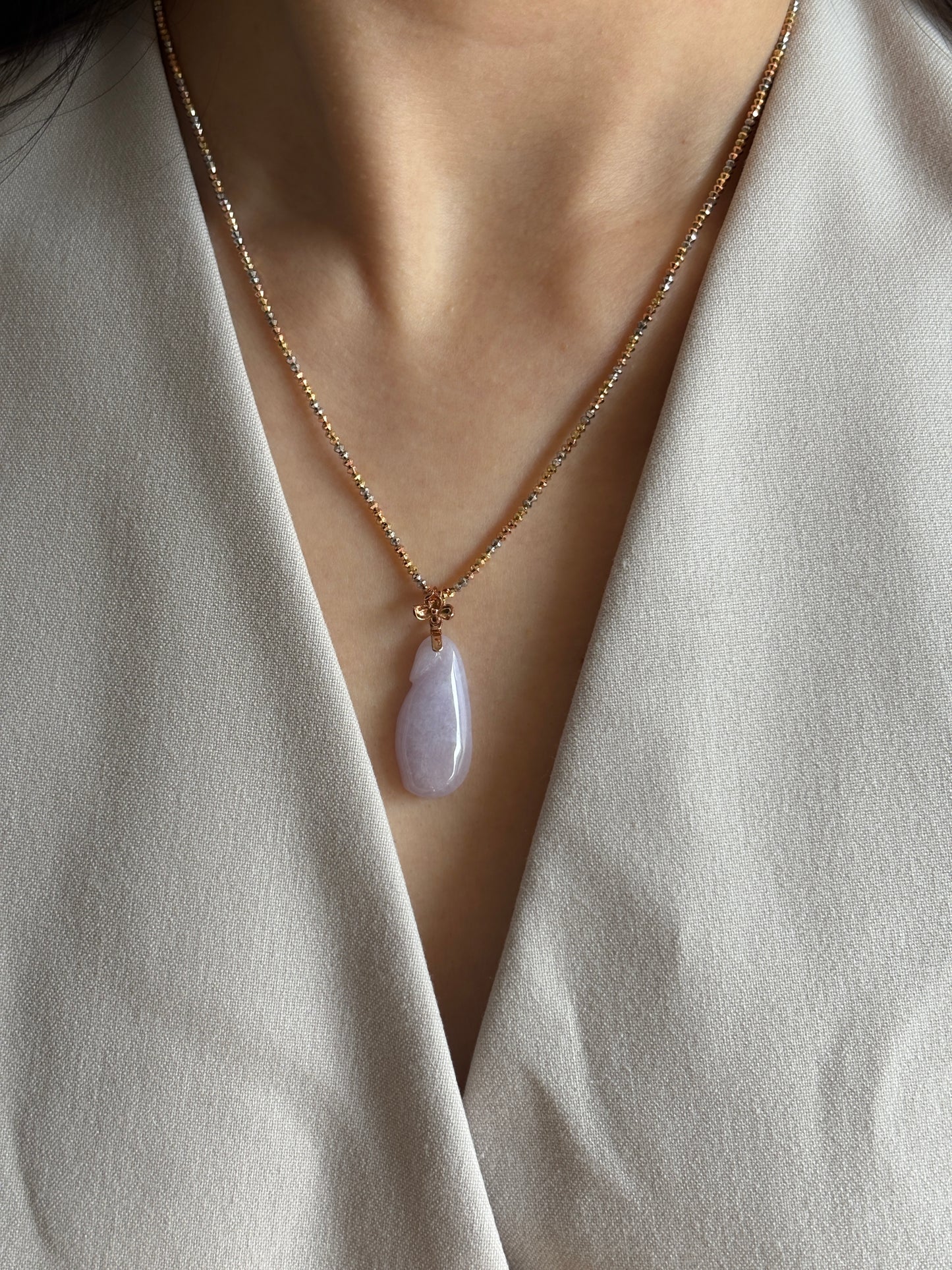 #P0490 "Fortune Melon" Icy Pink Lavender Jadeite Jade 18K Rose Gold Pendant