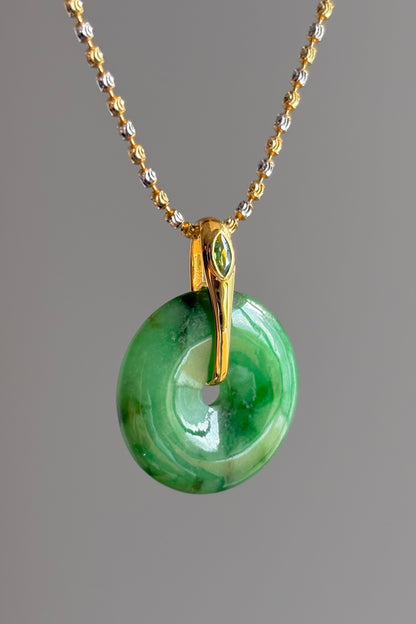 #P0447 "Ping An Kou" Silky Rich Green Jadeite Jade Donut 18K Yellow Gold Pendant