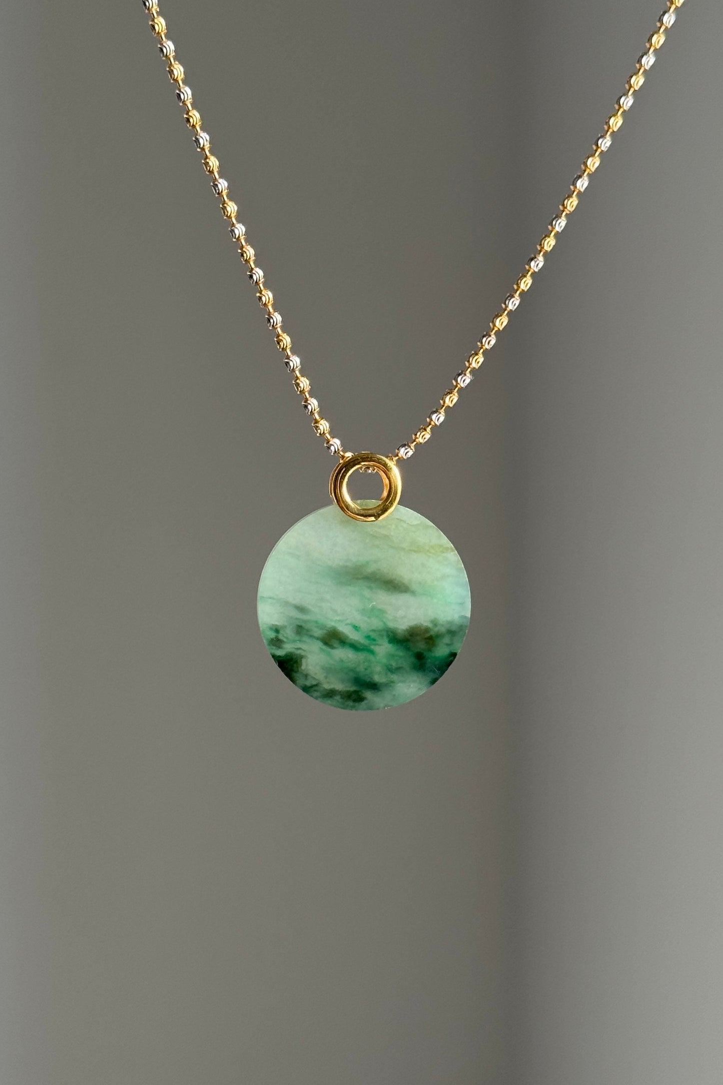 #P0503 "Wushi/Peace" Icy Sun Green Yellow Jadeite Jade Peace 18K Yellow Gold Pendant