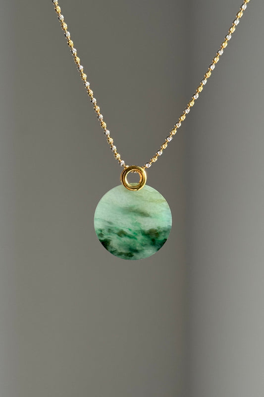#P0503 "Wushi/Peace" Icy Sun Green Yellow Jadeite Jade Peace 18K Yellow Gold Pendant