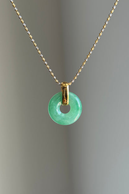 #P0562 "Bi" Icy Bright Green Jadeite Jade Donut 18K Yellow Gold Pendant