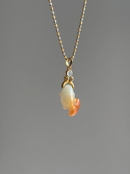 #P0548 "Goldfish" Icy Red Jadeite Jade 18K Yellow Gold Pendant