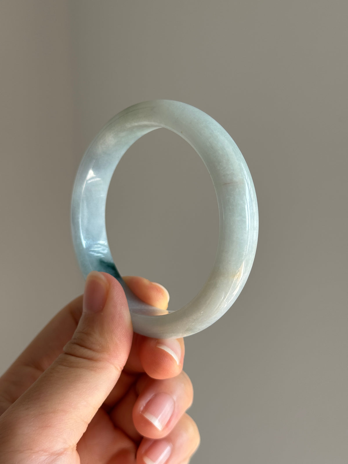 #0436 Icy Bluish Green Flower Jade Bangle Size 55