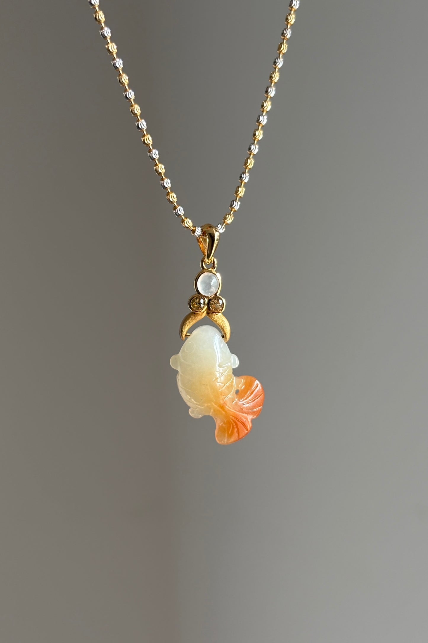 #P0548 "Goldfish" Icy Red Jadeite Jade 18K Yellow Gold Pendant