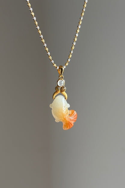 #P0548 "Goldfish" Icy Red Jadeite Jade 18K Yellow Gold Pendant