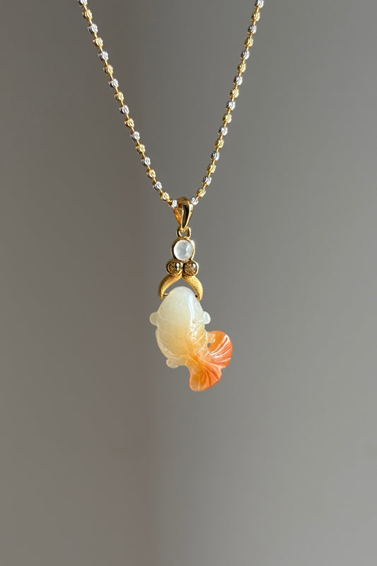 #P0548 "Goldfish" Icy Red Jadeite Jade 18K Yellow Gold Pendant