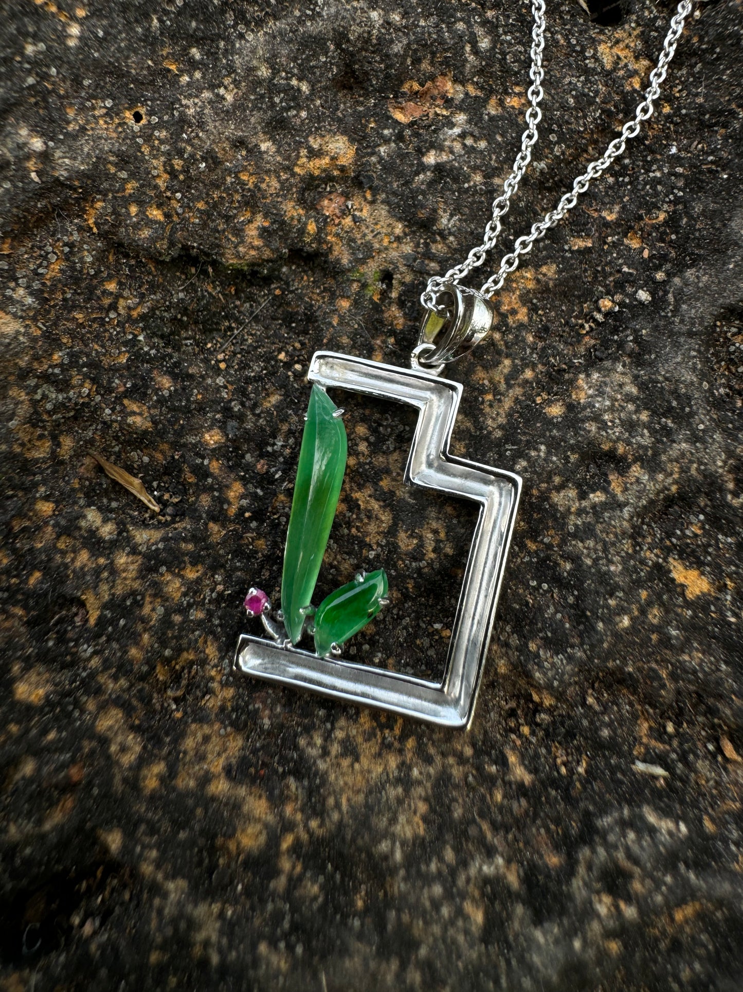 "Cactus" Icy Sun Green Jadeite Jade 18K White Gold Ruby Pendant