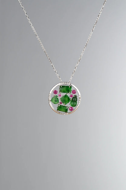"HUA's Design" Icy Sun Green Jadeite Jade 18K White Gold VS Diamonds Ruby Pendant