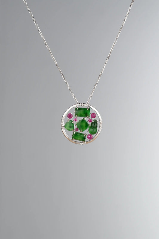 "Circle" Icy Sun Green Jadeite Jade 18K White Gold VS Diamonds Ruby Pendant