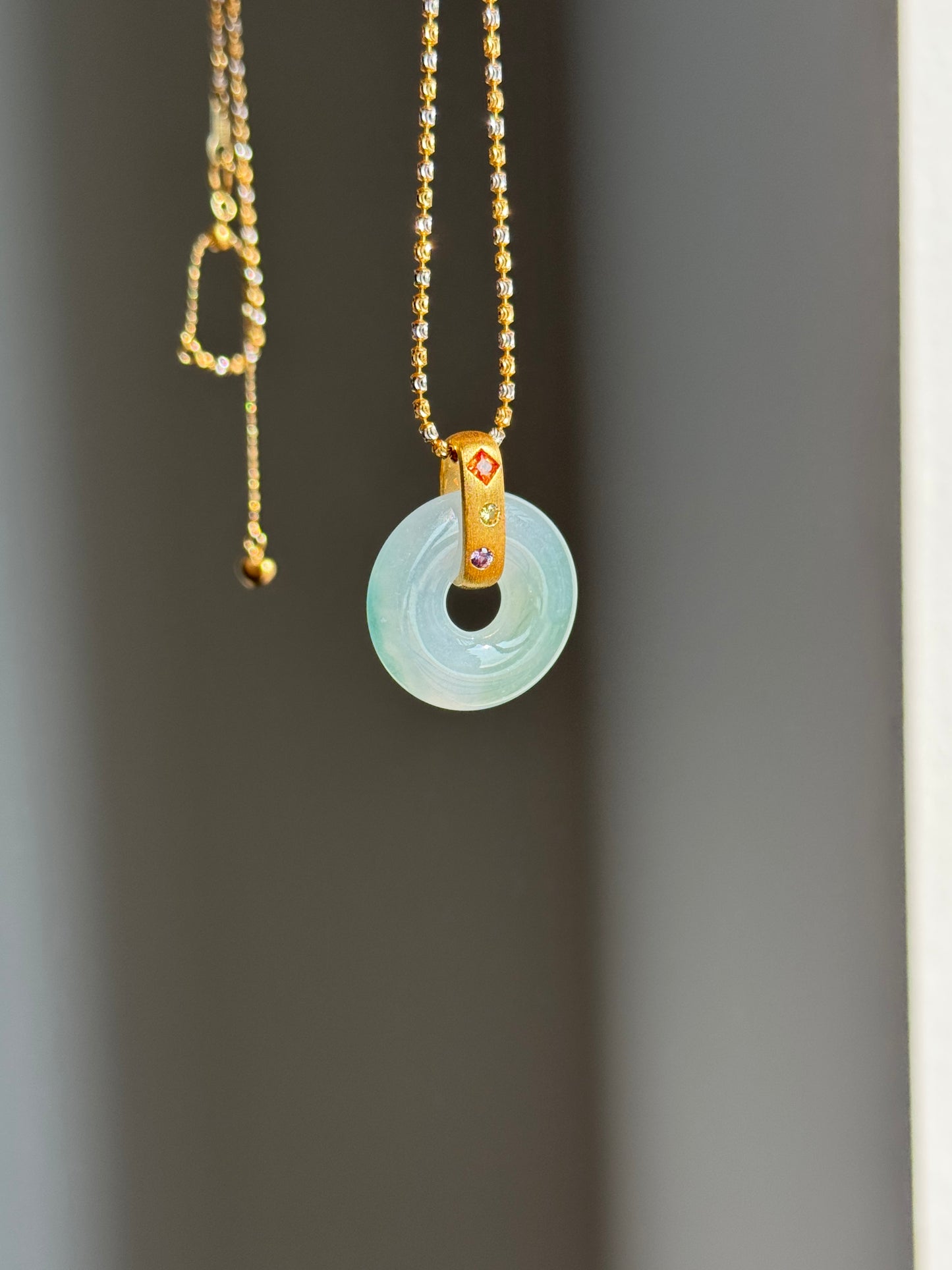 #P0544 "Bi" Icy Blue Green Jadeite Jade Donut 18K Yellow Gold Pendant