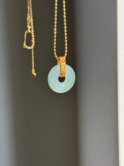 #P0544 "Bi" Icy Blue Green Jadeite Jade Donut 18K Yellow Gold Pendant