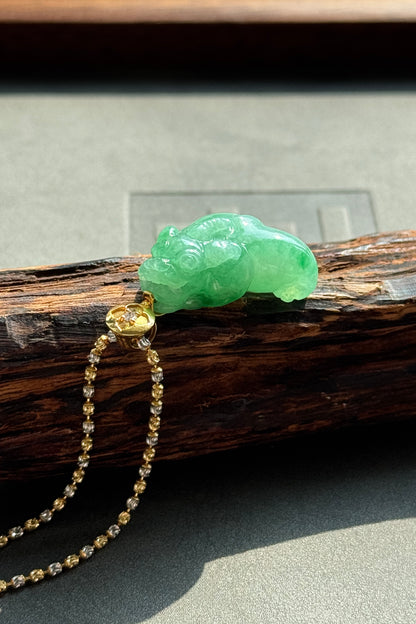 #P0526 "Pixiu" Icy Sun Green Jadeite Jade 18K Yellow Gold Pendant