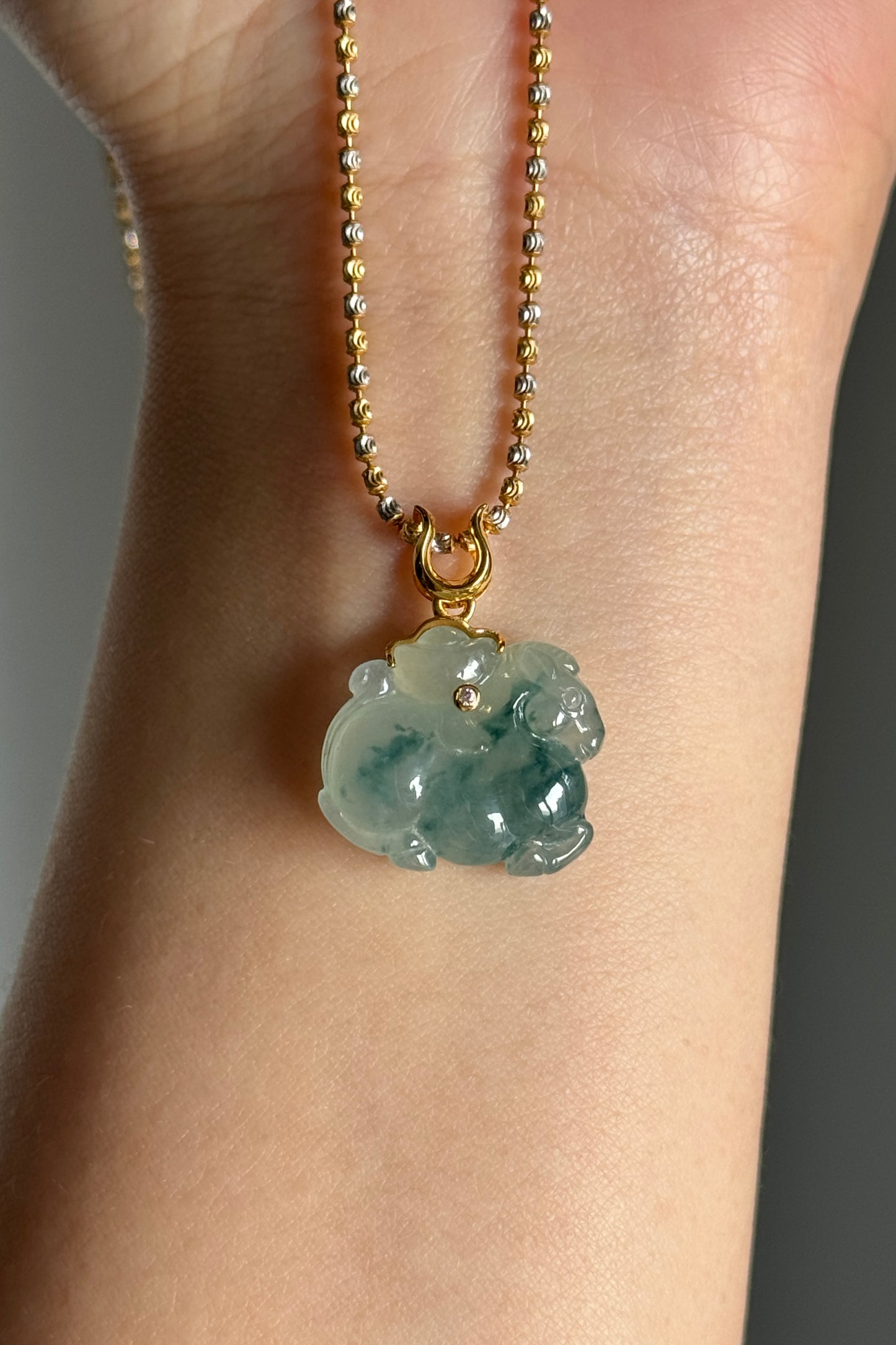 #P0505 "Tang Horse" Icy Blue Flower Jadeite Jade 18K Yellow Gold Pendant