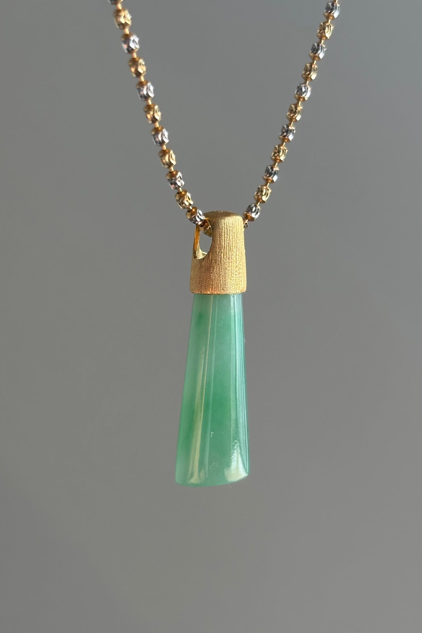 #P0458 "Wushi/Peace" Icy Lotus Green Jadeite Jade Peace 18K Yellow Gold Pendant