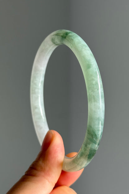 #0376 Icy Green Flower White Slim Jade Bangle Size 59.5 (fits up to 61.5)