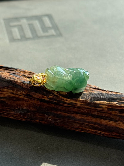 #P0542 "Pixiu" Icy Blue Water Green Jadeite Jade 18K Yellow Gold Pendant