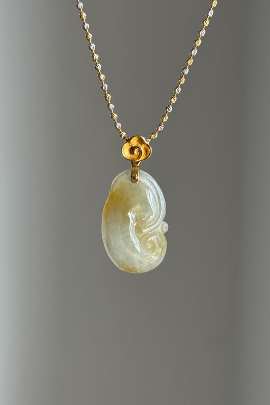 #P0488 "Ruyi / As Your Wish" Icy Yellow Golden Jadeite Jade 18K Yellow Gold Pendant