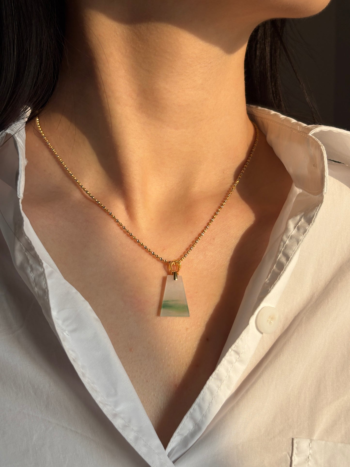 #P0518 "Wushi/Peace" Icy Sun Green White Jadeite Jade Peace 18K Yellow Gold Pendant