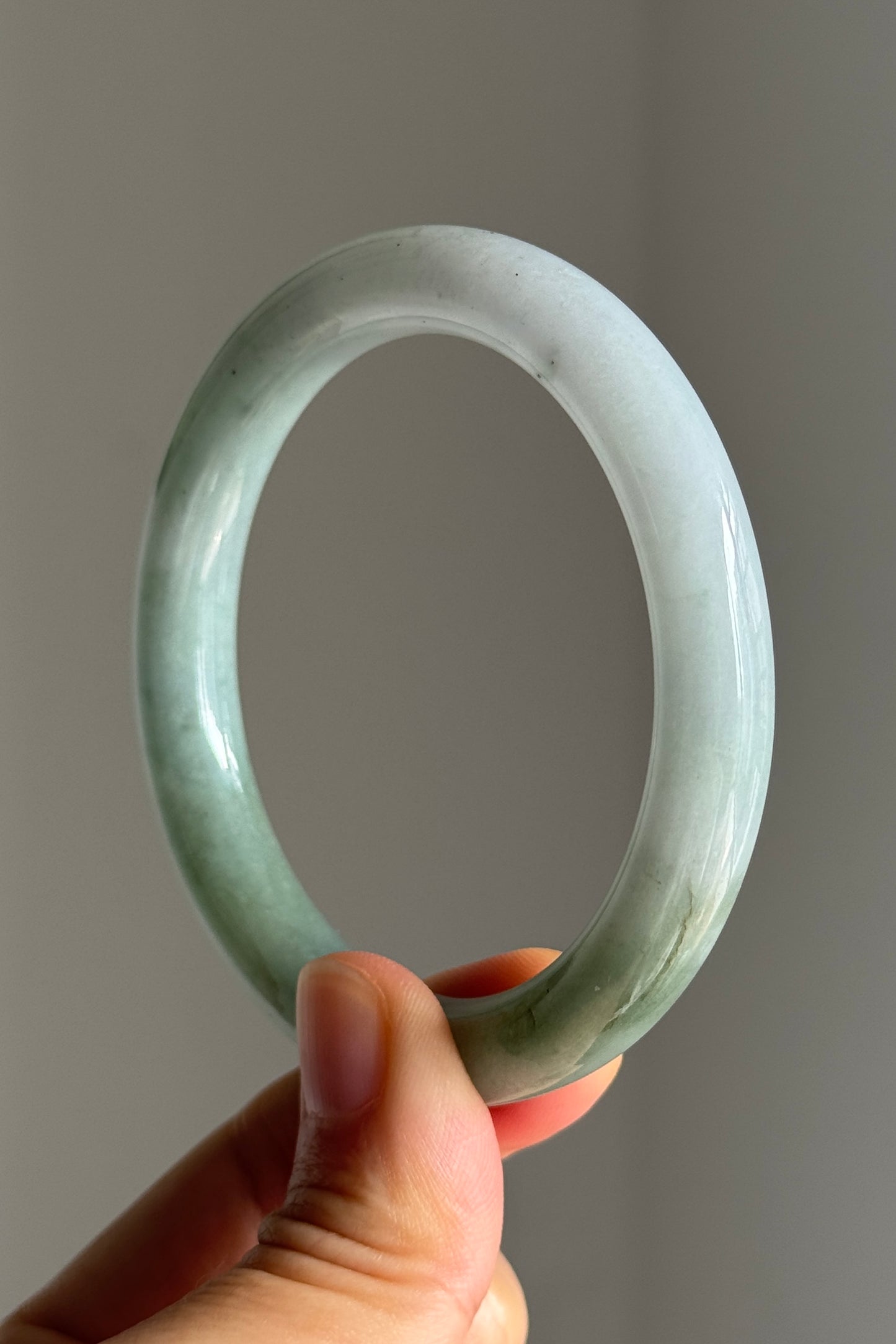 #0381 Icy Lotus Green White Jade Bangle Size 54.7 (fits up to 56.7)