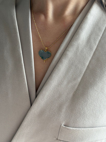 #0470 "Melting Heart" Icy Lavender Green Flower Jadeite Jade 18K Yellow Gold Pendant