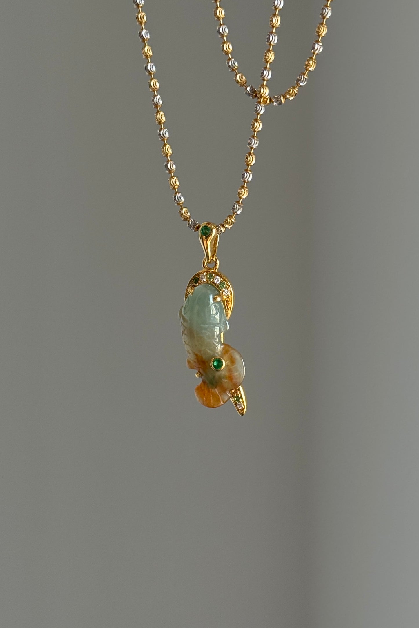 #P0562 "Goldfish" Icy Orange Red Jadeite Green Jade 18K Yellow Gold Pendant