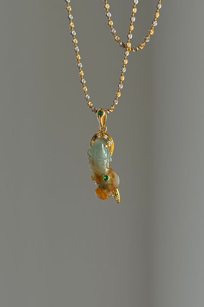 #P0562 "Goldfish" Icy Orange Red Jadeite Green Jade 18K Yellow Gold Pendant