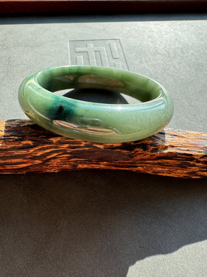 #0430 Icy Blue Water Olive Green Rich Blue Flower Jade Bangle Size 54.5