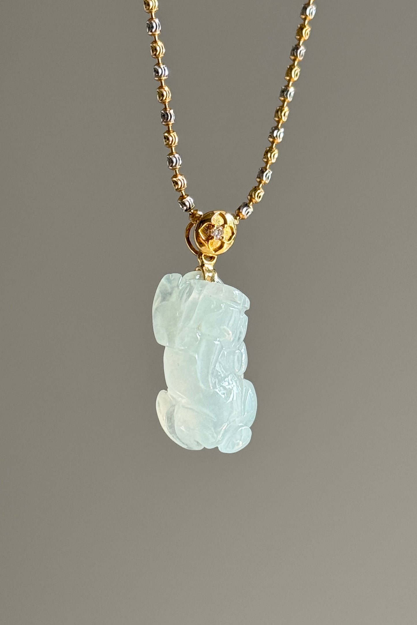 #P0531 "Pixiu" Icy Light Green Jadeite Jade 18K Yellow Gold Pendant