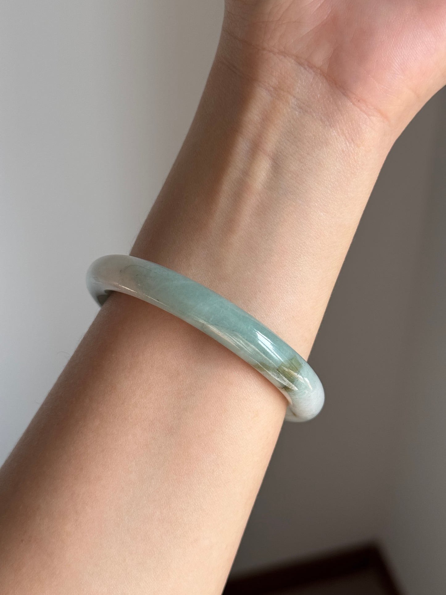 #0359 Lotus Green White Jade Bangle Size 51.2 (fits up to 53)