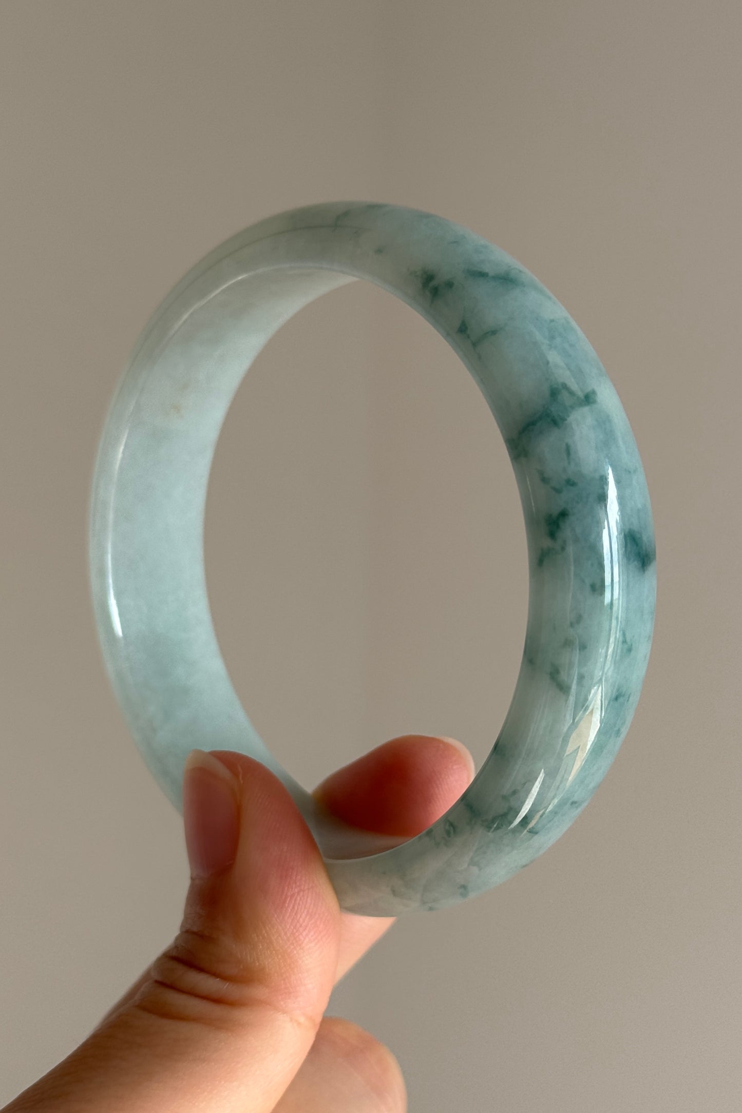#0399 Icy Bluish Green Flower Jade Bangle Size 60.6