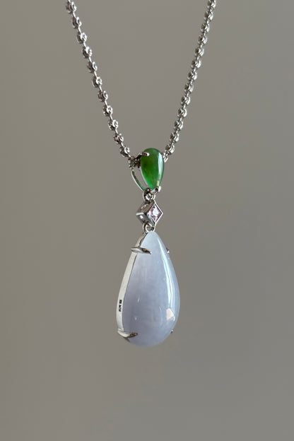 #P0461 "Water Drop" Icy Lavender & Sun Green Jadeite Jade Pink Sapphire 18K White Gold Pendant