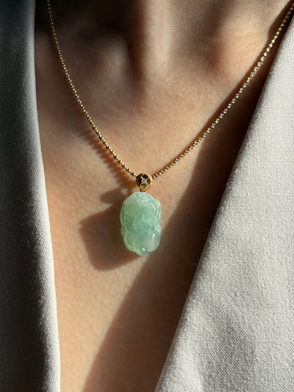 #P0494 "Pixiu" Highly Icy Green Jadeite Jade 18K Yellow Gold Pendant