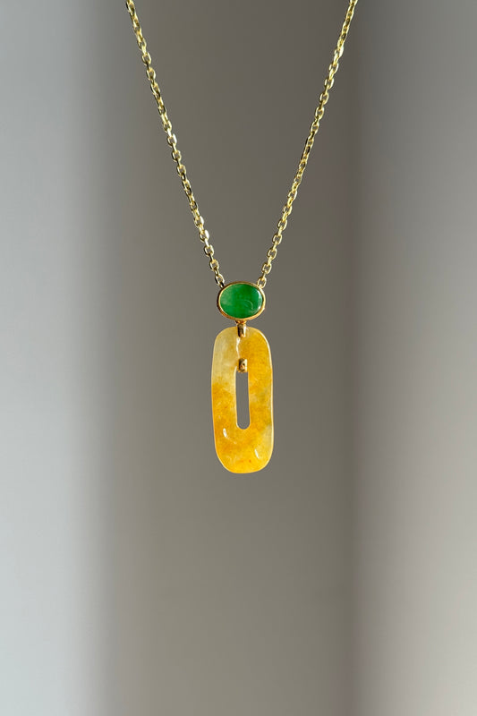 #P0538 "Retro Bi" Icy Golden Yellow Bi & Imperial Green Cabochon Jadeite Jade 18K Yellow Gold Pendant