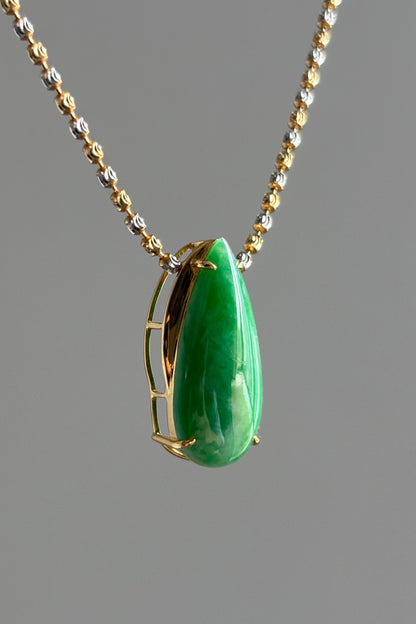 #P0465 "Water Drop" Vivid Sun Green Jadeite Jade 18K Yellow Gold Pendant