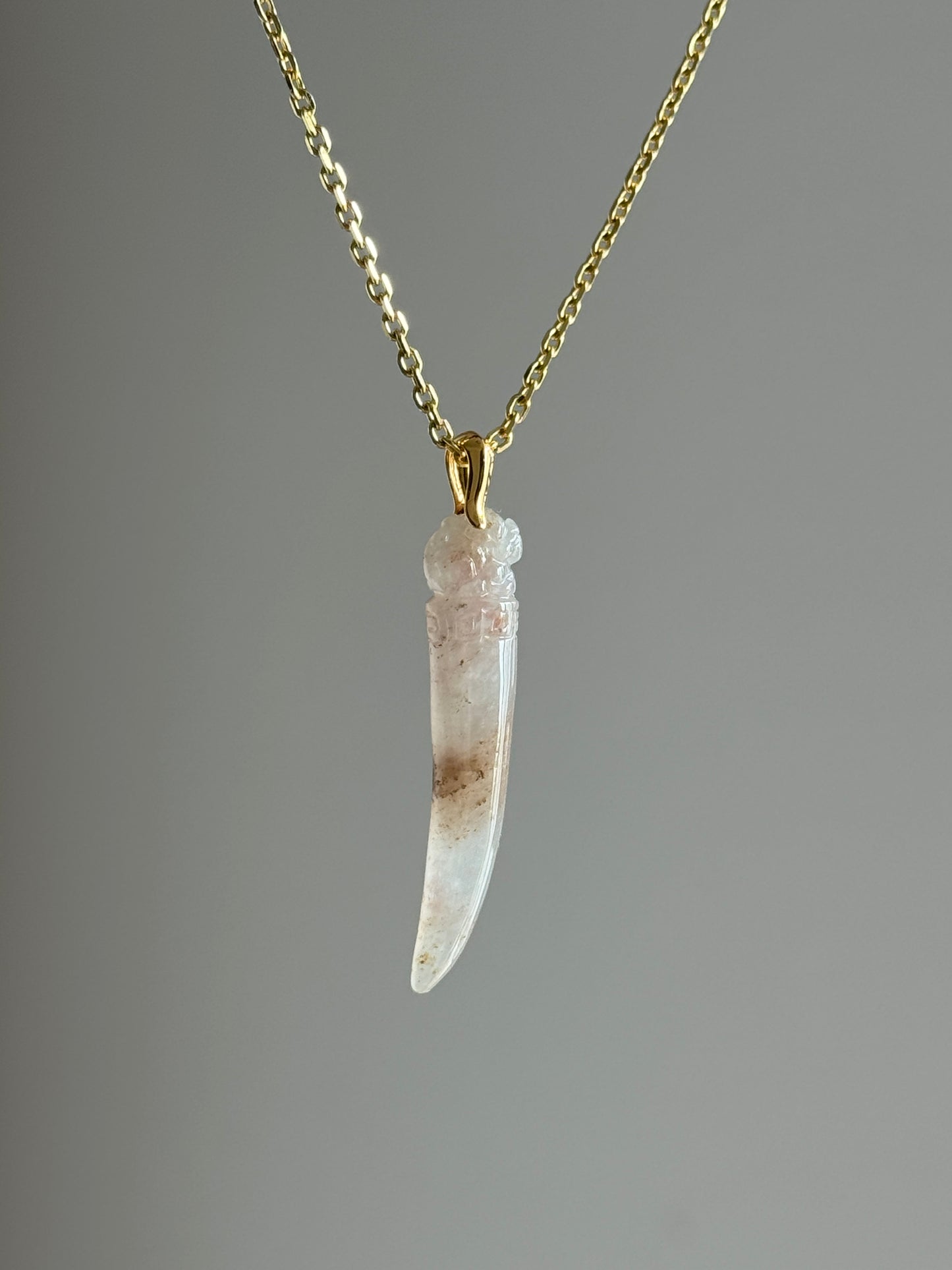 #P0553 "Dragon's Fang" Icy Red Pink Jadeite Jade 18K Yellow Gold Pendant