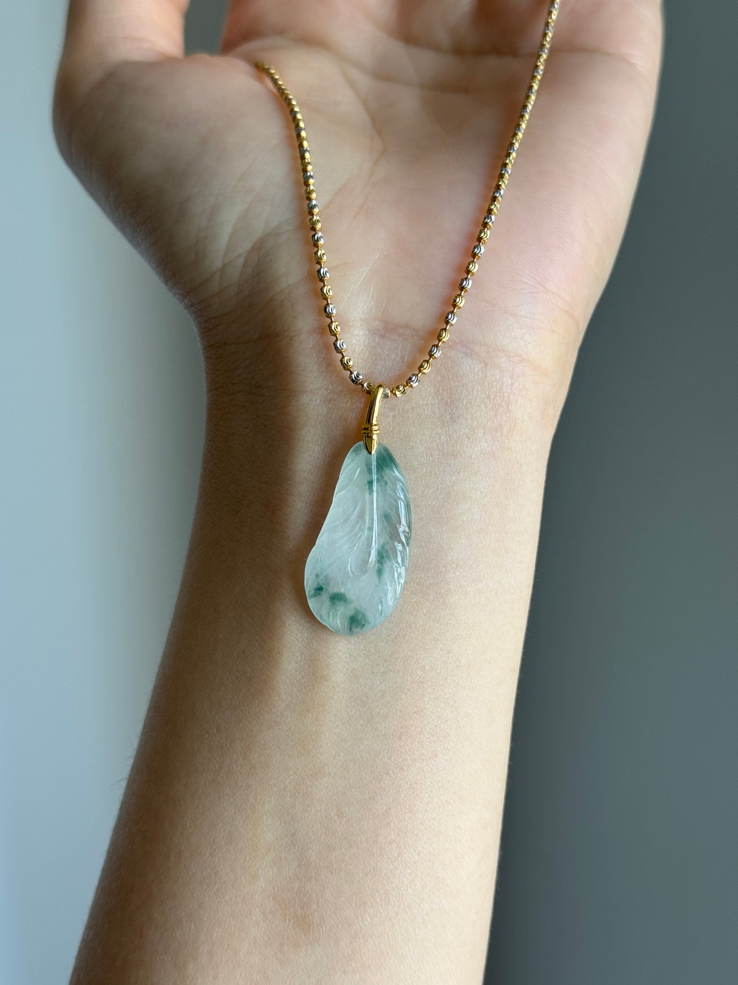 #P0558 "Feather" Icy Green Flower Jadeite Jade Feather 18K Yellow Gold Pendant