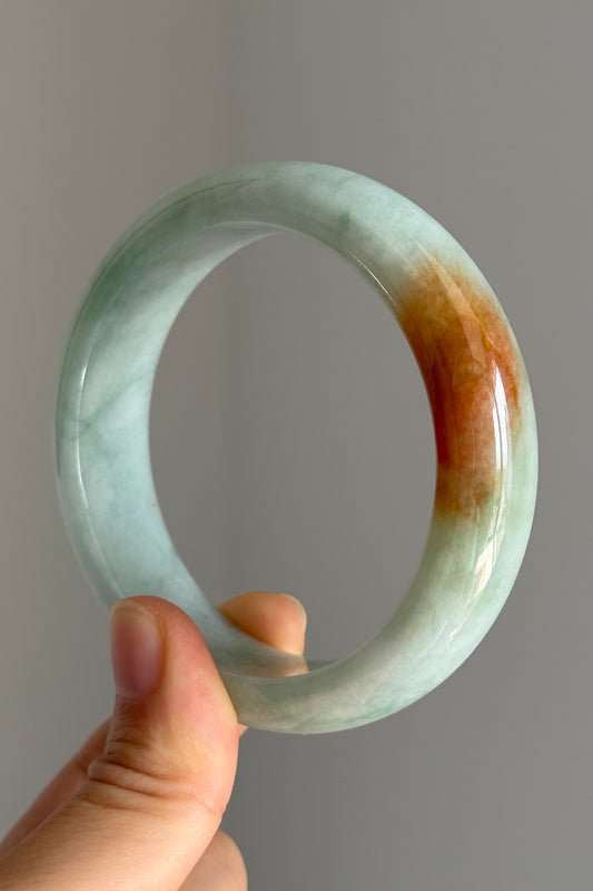 #0382 Icy Lotus Green Orange Yellow Wide Jade Bangle Size 57.8