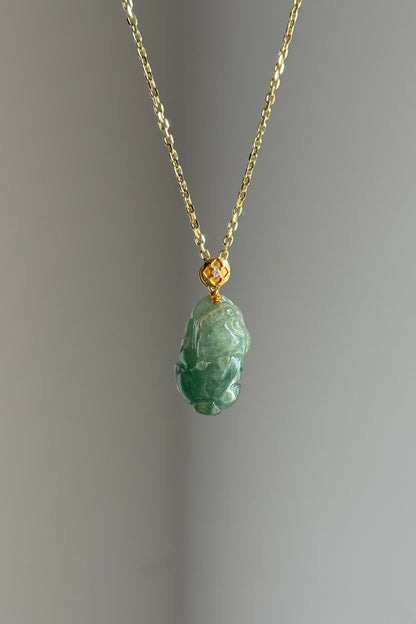 #P0542 "Pixiu" Icy Blue Water Green Jadeite Jade 18K Yellow Gold Pendant