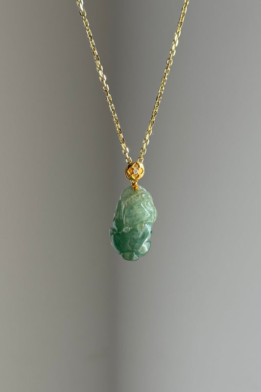 #P0542 "Pixiu" Icy Blue Water Green Jadeite Jade 18K Yellow Gold Pendant