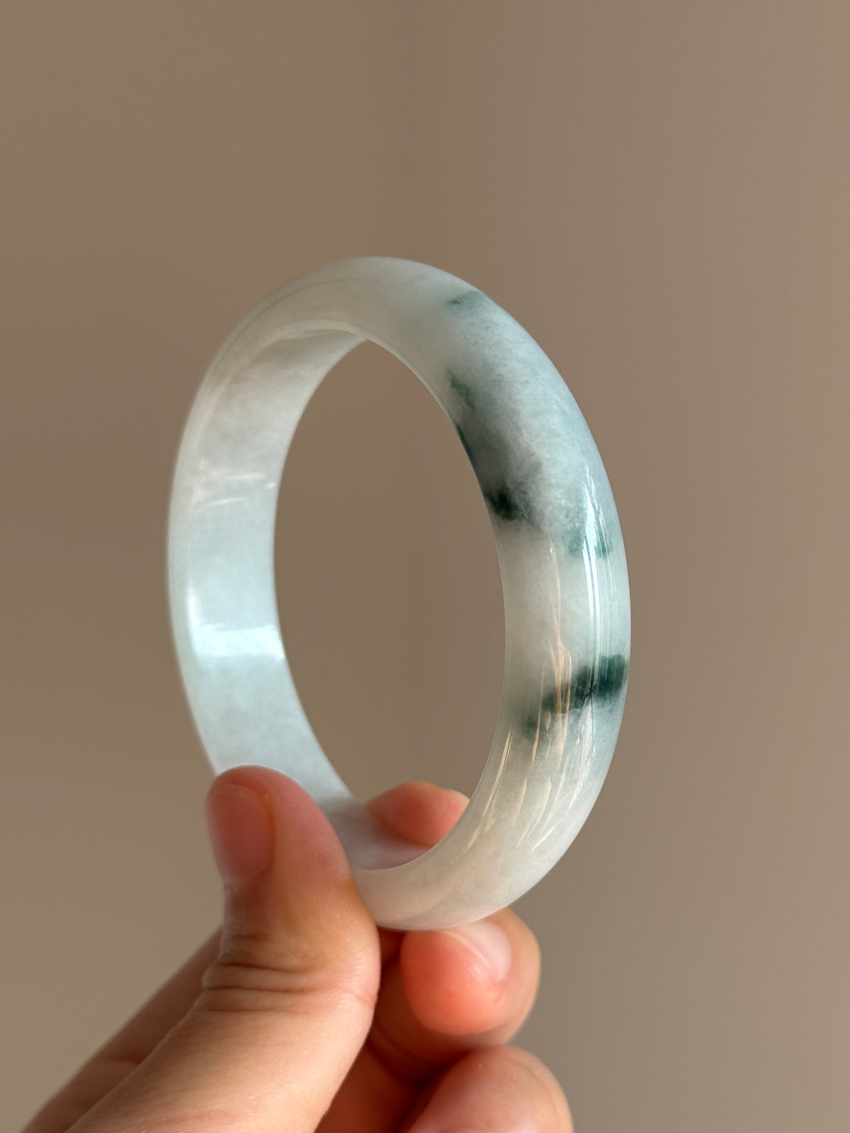 #0456 Icy Bluish Green Flower Jade Bangle Size 57.8
