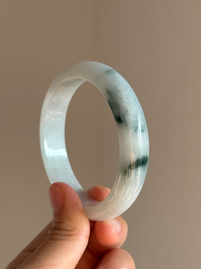#0456 Icy Bluish Green Flower Jade Bangle Size 57.8