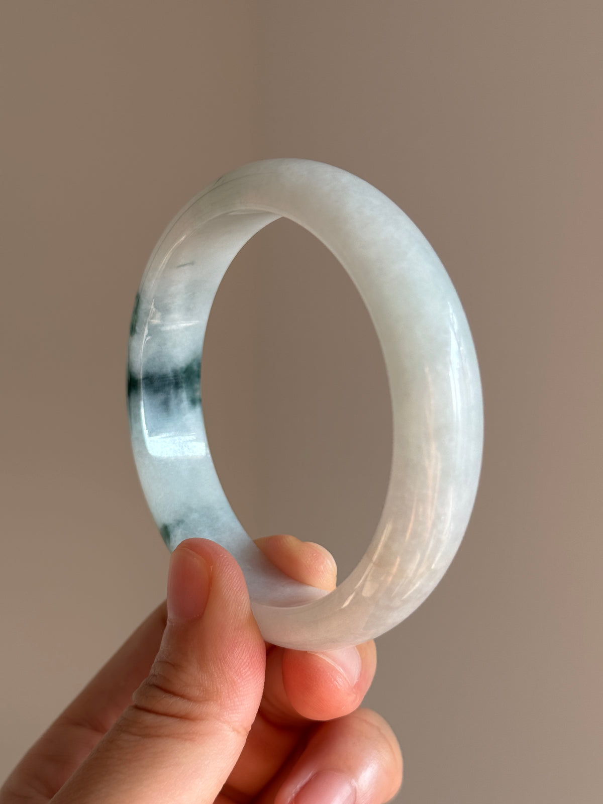 #0456 Icy Bluish Green Flower Jade Bangle Size 57.8