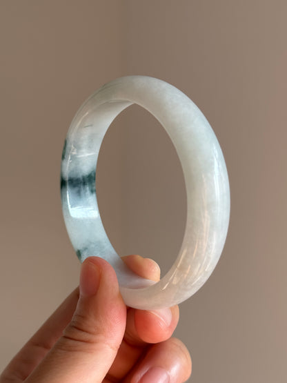 #0456 Icy Bluish Green Flower Jade Bangle Size 57.8